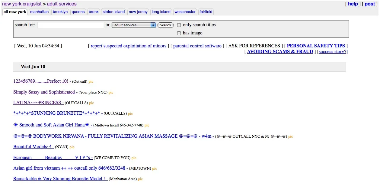 La page Adult de Craiglist à NY