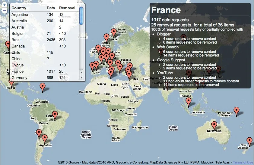 Google Transparency Report, la carte des retraits de l'index — photo 1