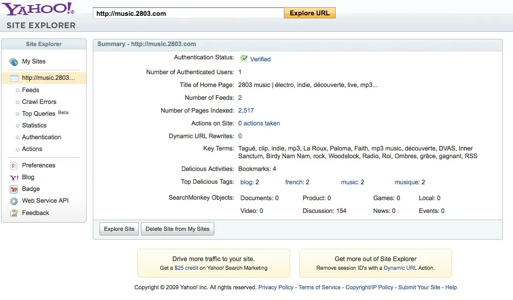 L'interface de Yahoo Site Explorer